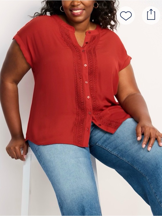 Fortune & Ivy Tops - Fortune + Ivy Belinda Plus-Size Crochet-Trim Button Front Blouse in Rust
